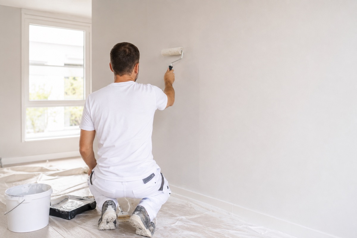 Emmanuel Valderrama, artisan peintre, applique la peinture au rouleau sur un mur préparé